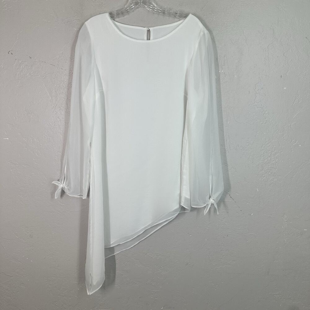 Chicos 1 Top M 8 White Tunic Chiffon Lined Asymmetrical Tie Cuffs Flowy Romantic